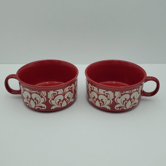 Cook's Essentials Red Soup Mugs Etched White on Red Chili Chowder Bowls - Picture 5 of 9